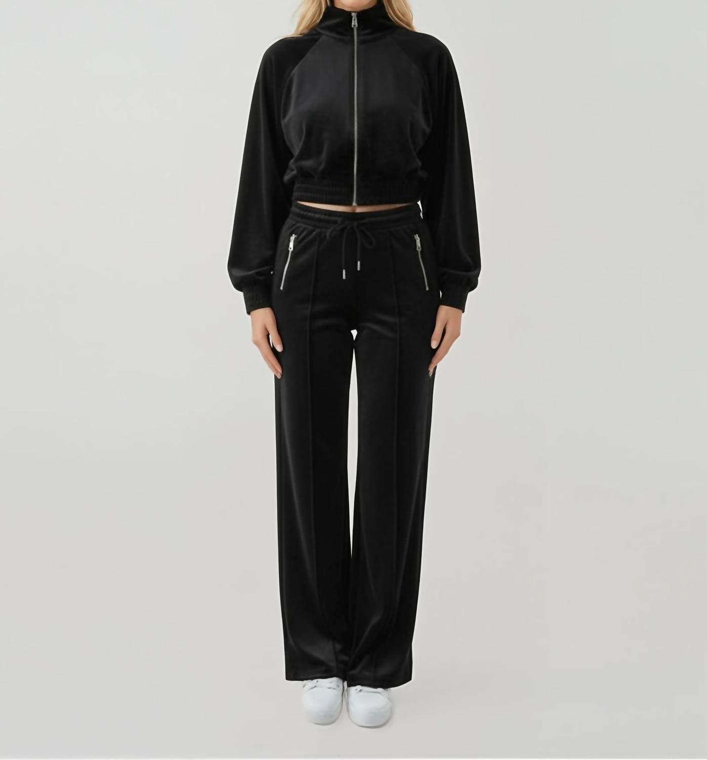 Malibu Road Luxe Velour Tracksuit Set in black - women's sleepwear