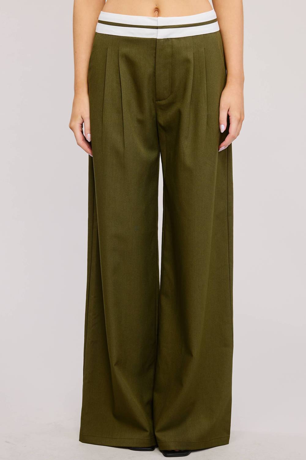 Mimosa Contrast Waist Detail Woven Trouser Pant in olive - women's pants - alternate view