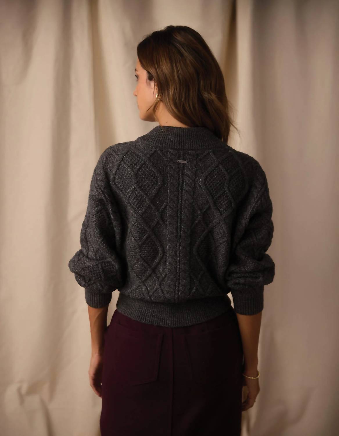 The Normal Brand Mixed Cable Knit Bomber Jacket in grey - women's jacket - detail view