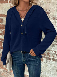 Lily Clothing Waffle Button-up Hoodie Pullover in navy - women's top - alternate view