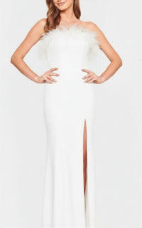 Faviana - Feather Trim Dress With Leg Slit