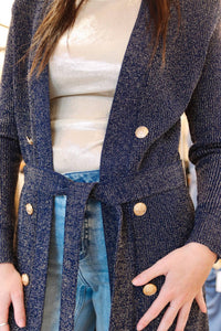 SIX/FIFTY Lurex Tie-front Cardigan Sweater in navy - women's cardigan - detail view