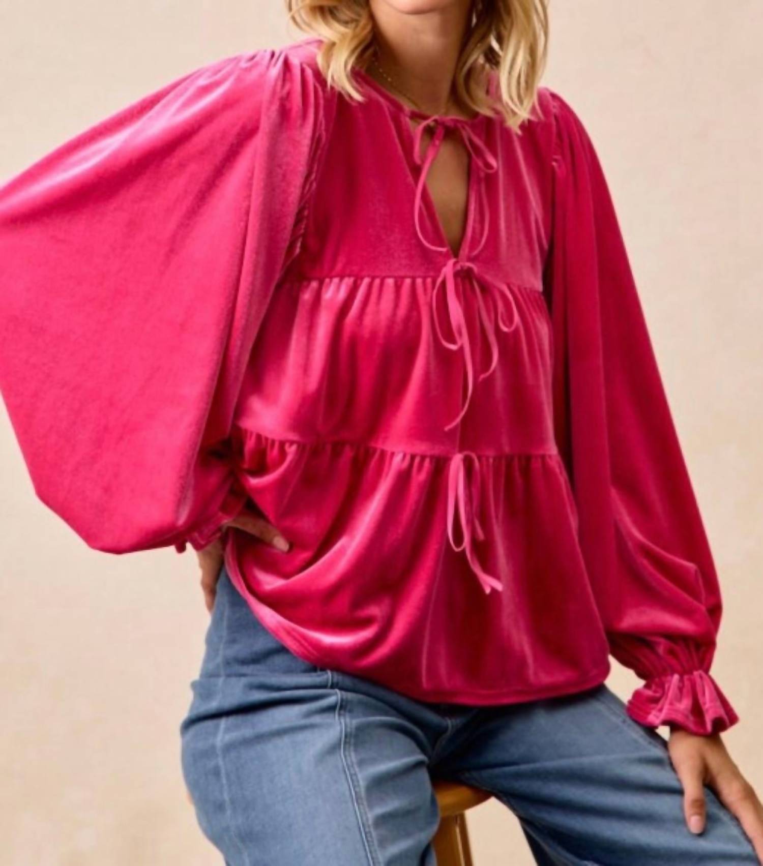 LovLov Sweetheart Velvet Bow Top in pink - women's blouse - alternate view