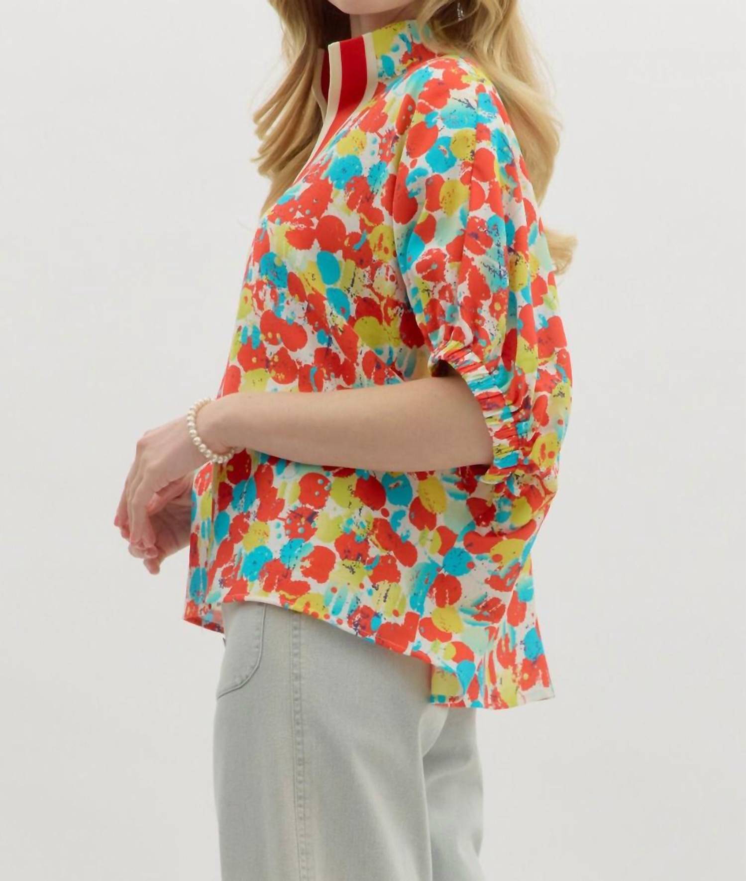 Entro - Abstract Print Dolman Sleeve Pullover Top