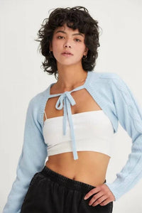 HYFVE Cable Knit Tie Front Shrug in baby blue - women's sweater - alternate view