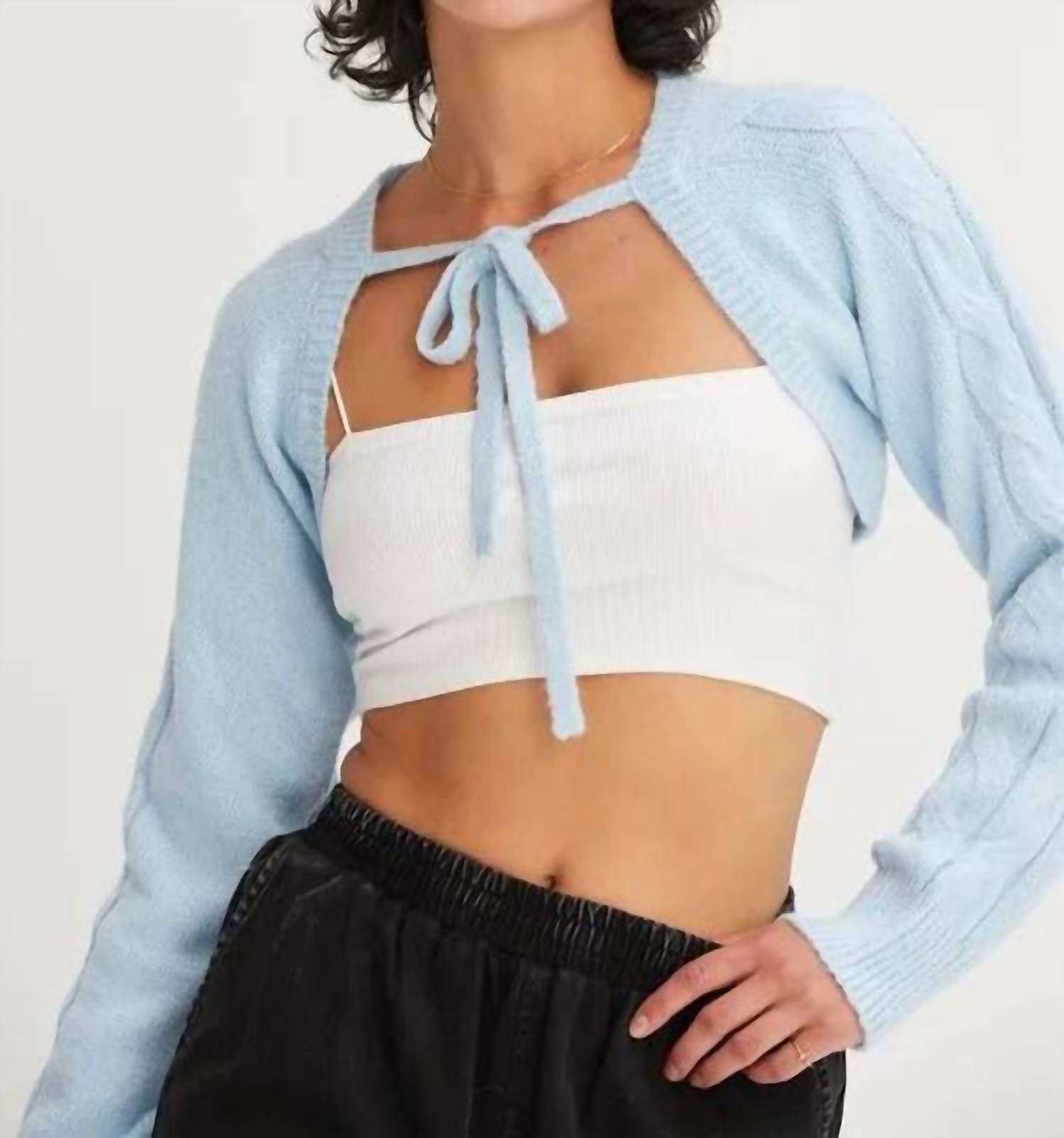 HYFVE Cable Knit Tie Front Shrug in baby blue - women's sweater - detail view