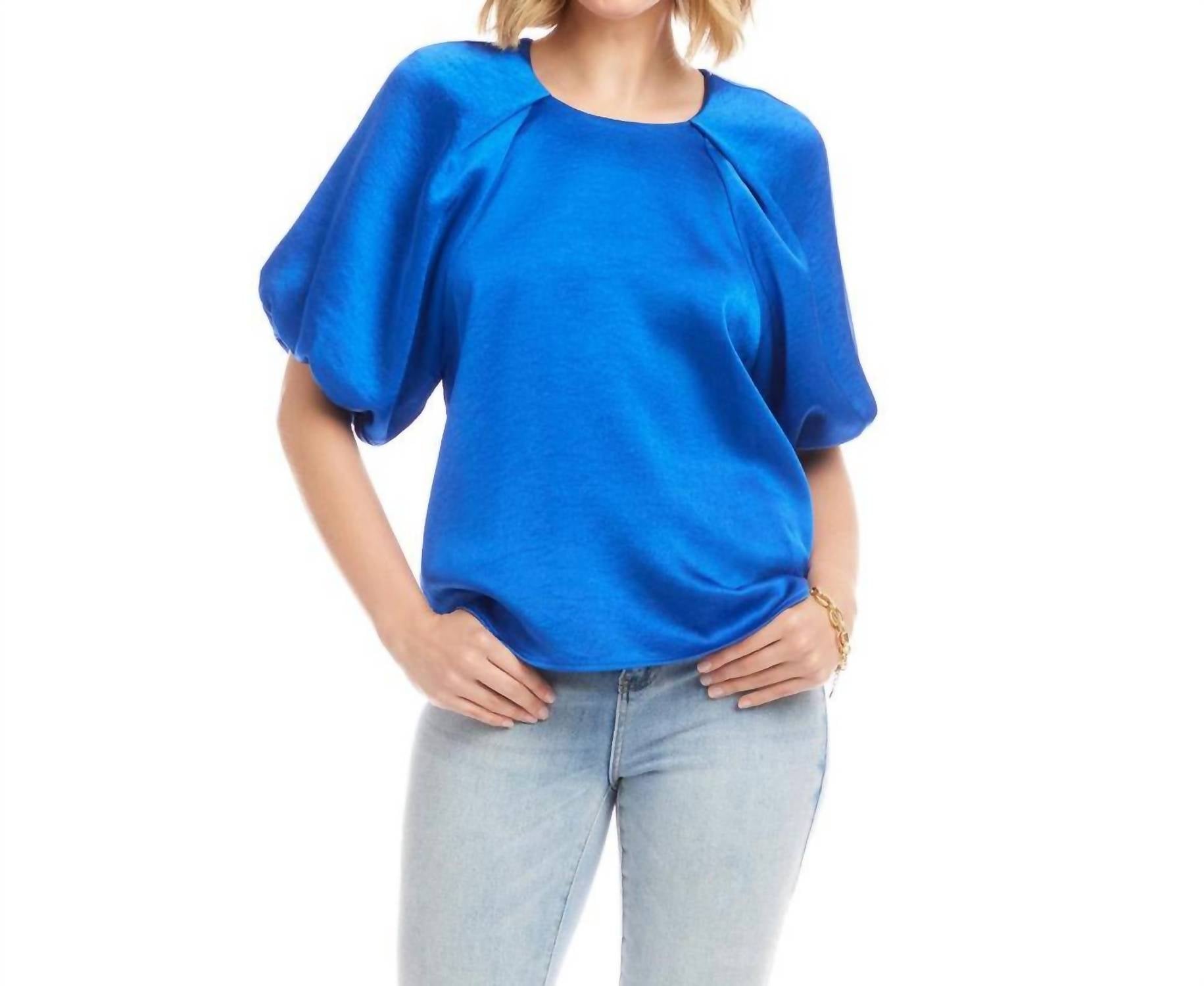 Karen Kane Puff Sleeve Satin Top in sapphire blue - women's blouse