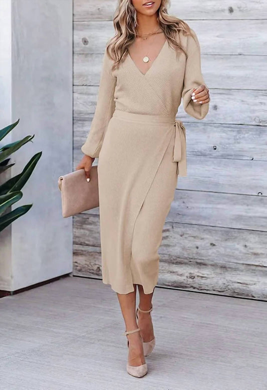 Nihao Jewelry - V Neck Belted Long Sleeve Knit Dress