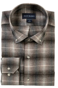 Scott Barber Men's Long Sleeve Plaid Heather Shirt in charcoal heather - men's long sleeve top - detail view