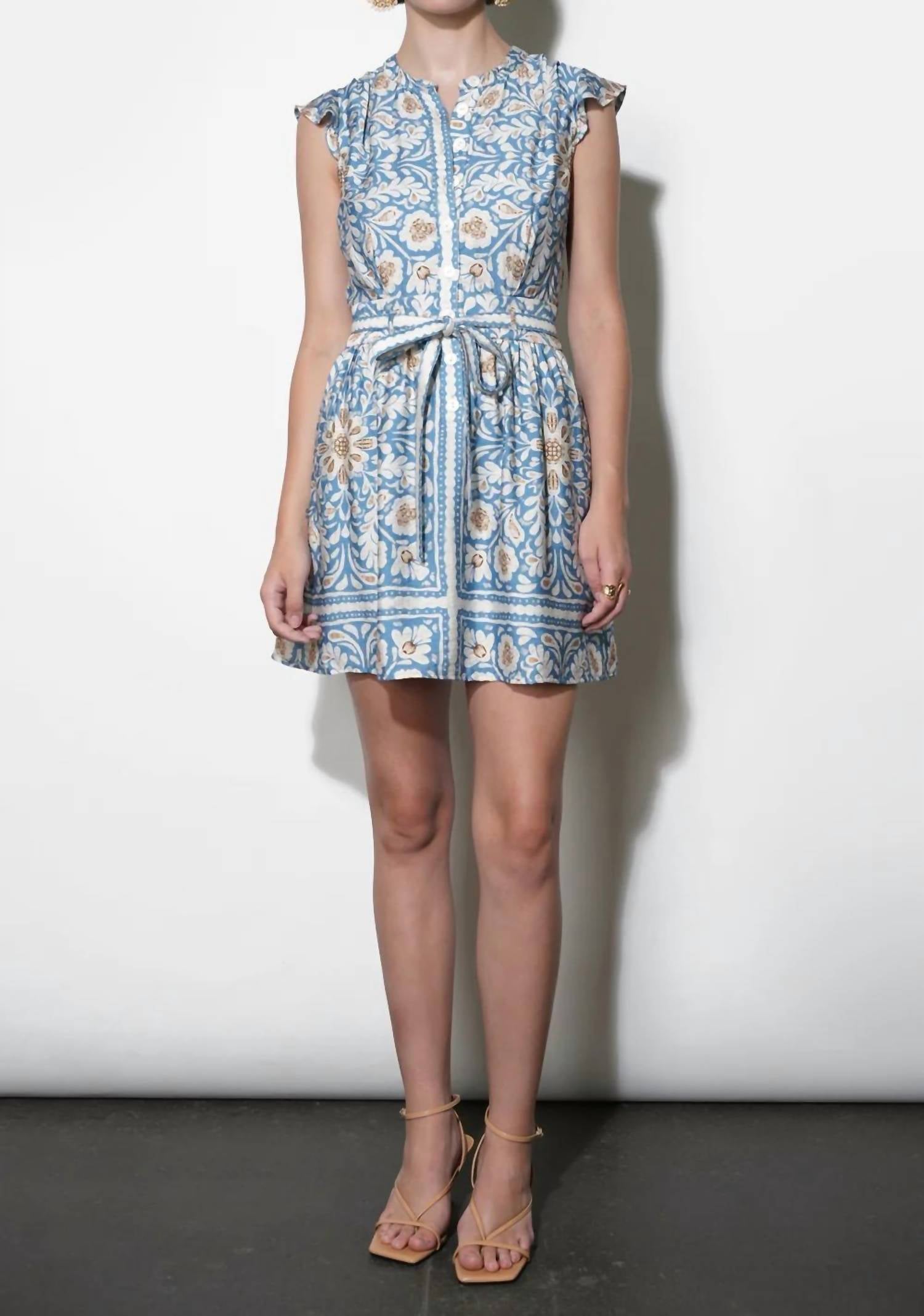 GREYLIN Bailey Flutter Sleeve Belted Mini Dress in dusty blue - women's dress