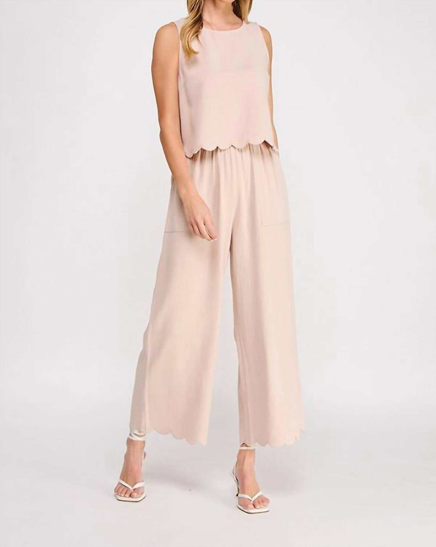 Allie Rose - Soft Linen Blend Scallop Hem Elastic Waist Pant