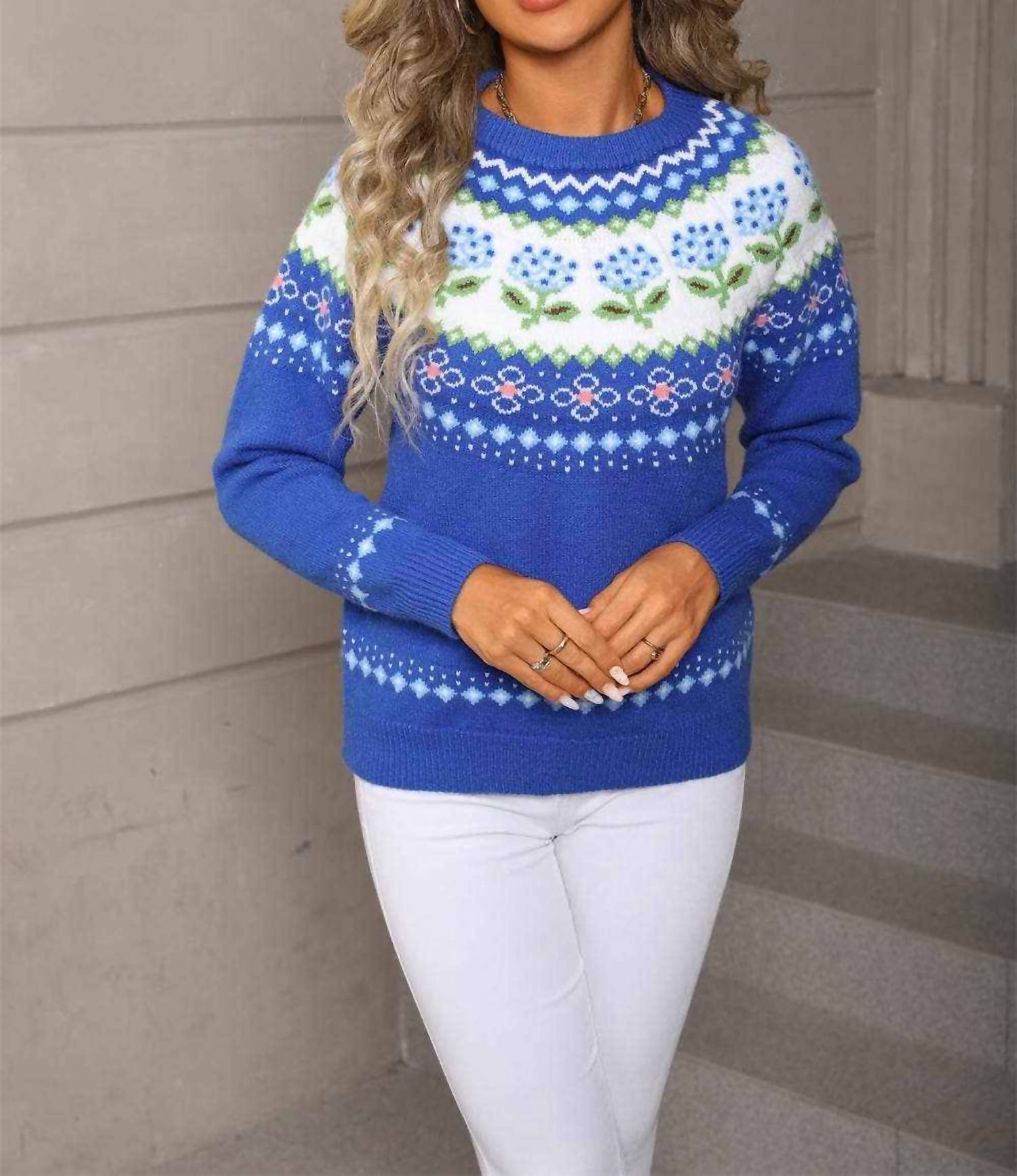 Anna-Kaci - Floral Fair Isle Knit Sweater