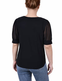 Ny Collection - Short Puff Sleeve V Neck Top