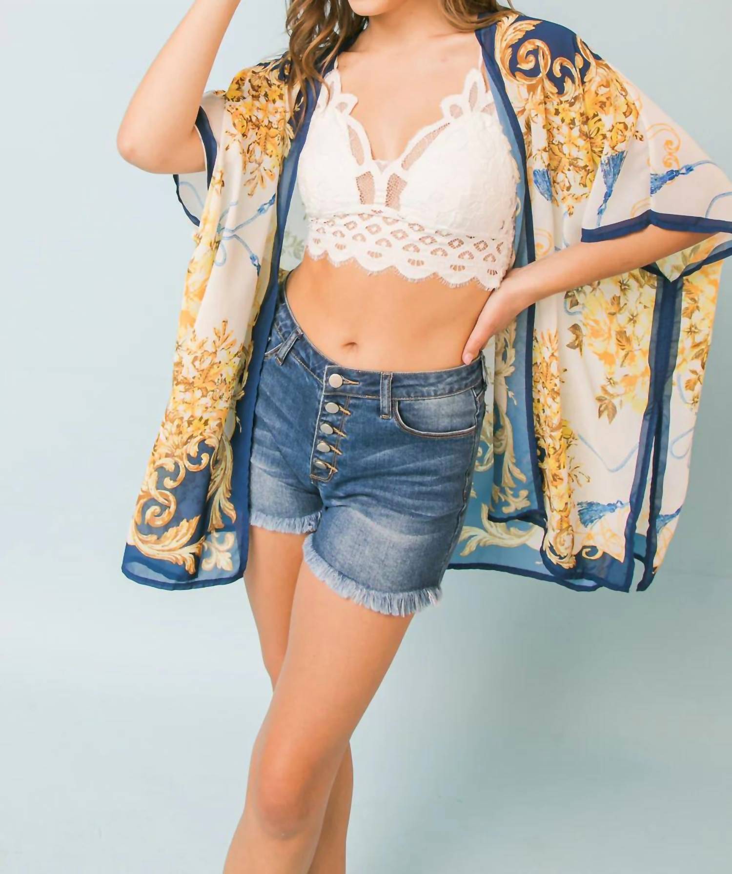Flying Tomato - Elizabeth Scarf Print Woven Cover Up Kimono