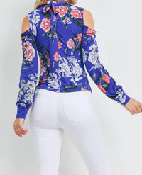 Chocolate Usa - Women's Cold Shoulder Floral Tie Back Blouse