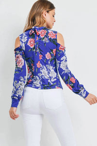 Chocolate Usa - Women's Cold Shoulder Floral Tie Back Blouse