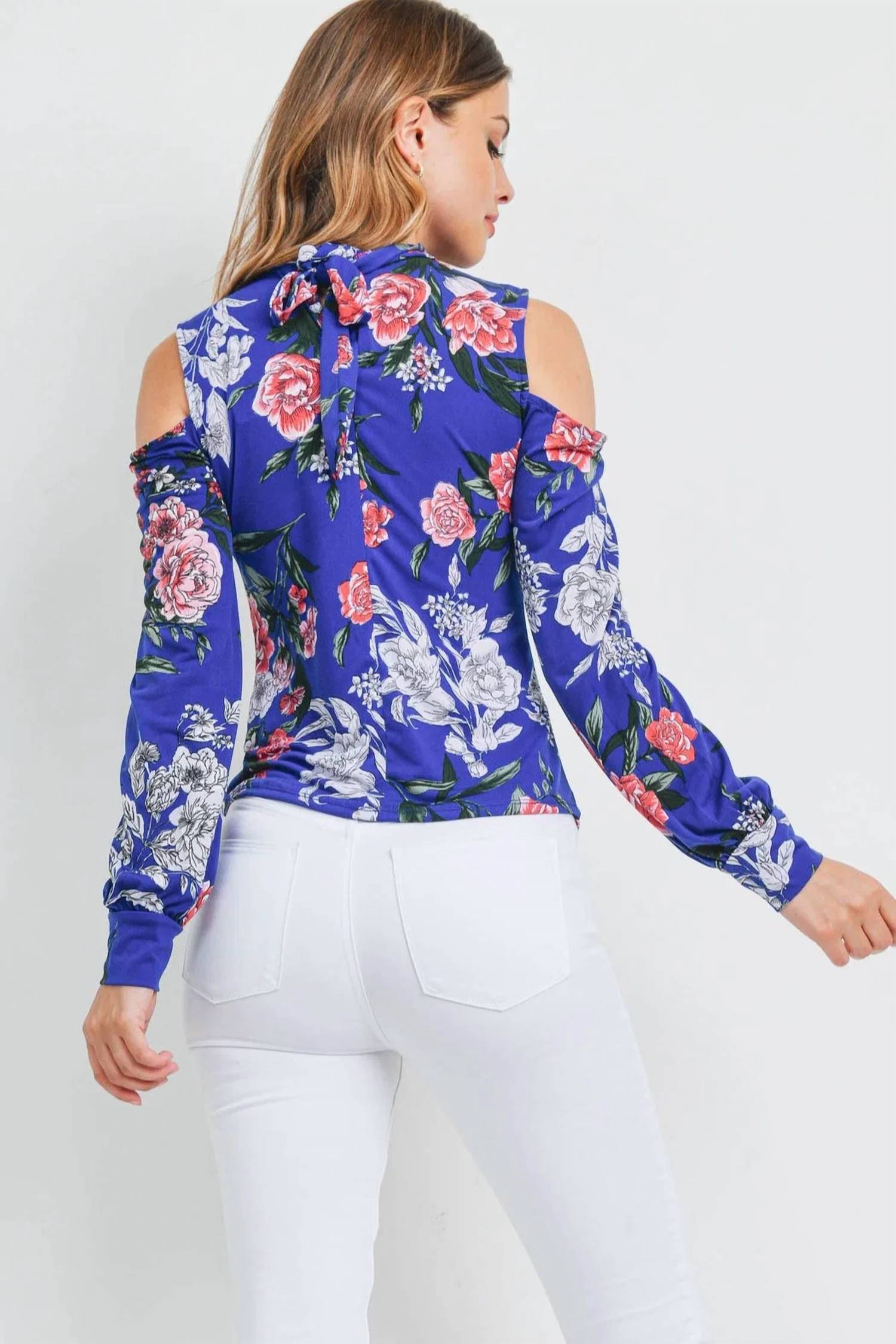 Chocolate Usa - Women's Cold Shoulder Floral Tie Back Blouse