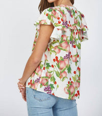 Fate Fruit Print Flutter Sleeve Split Neck Top in cream multi - women's blouse - alternate view