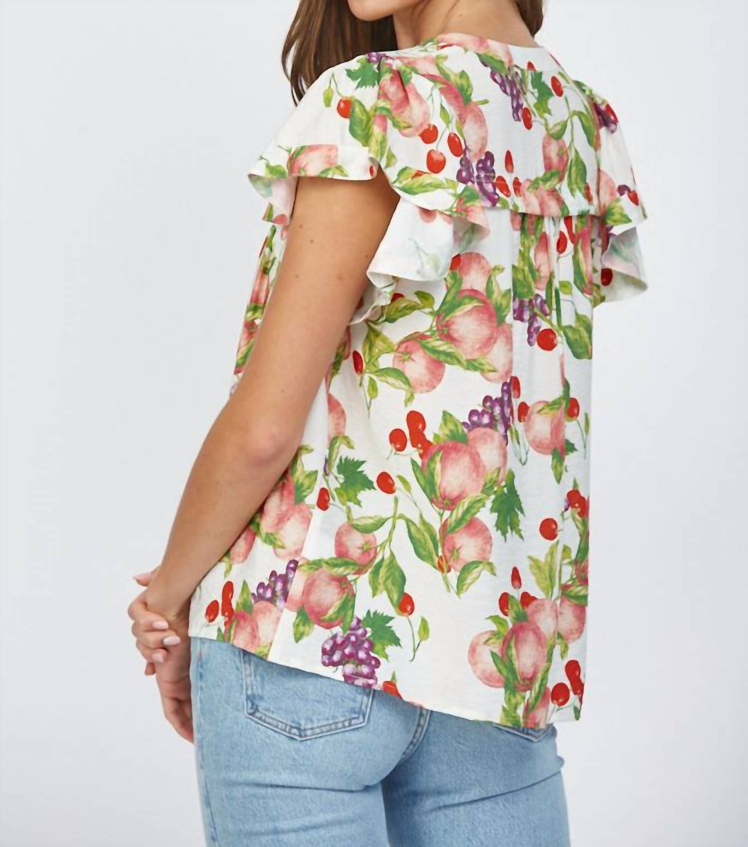 Fate Fruit Print Flutter Sleeve Split Neck Top in cream multi - women's blouse - alternate view
