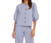Karen Kane - Stripe Puff Sleeve Button Front Top