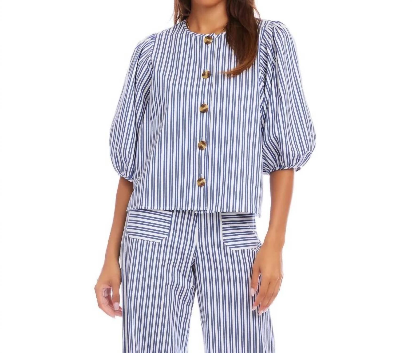 Karen Kane - Stripe Puff Sleeve Button Front Top
