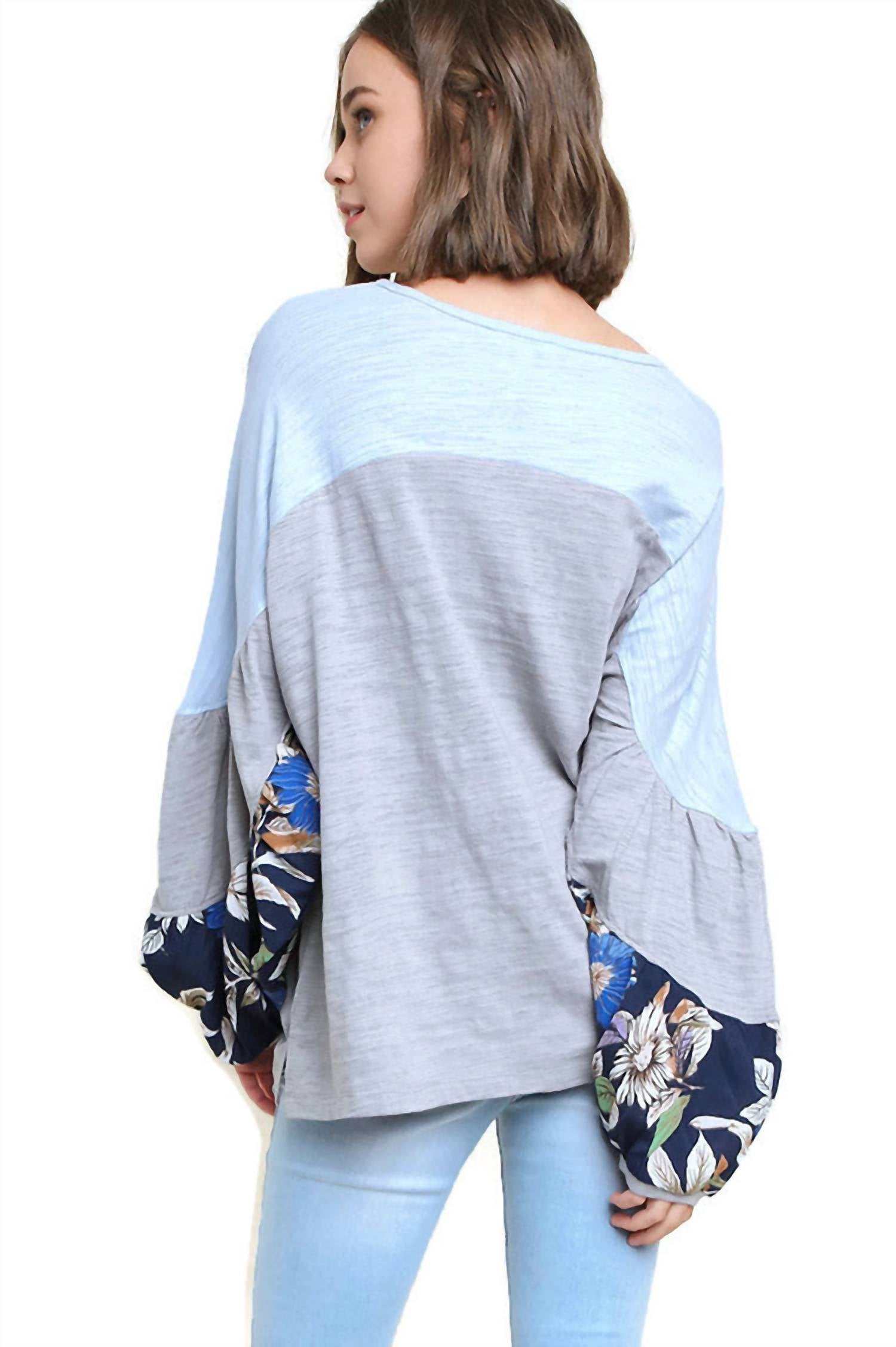 Umgee - Leaf Puff Sleeve Colorblock Top
