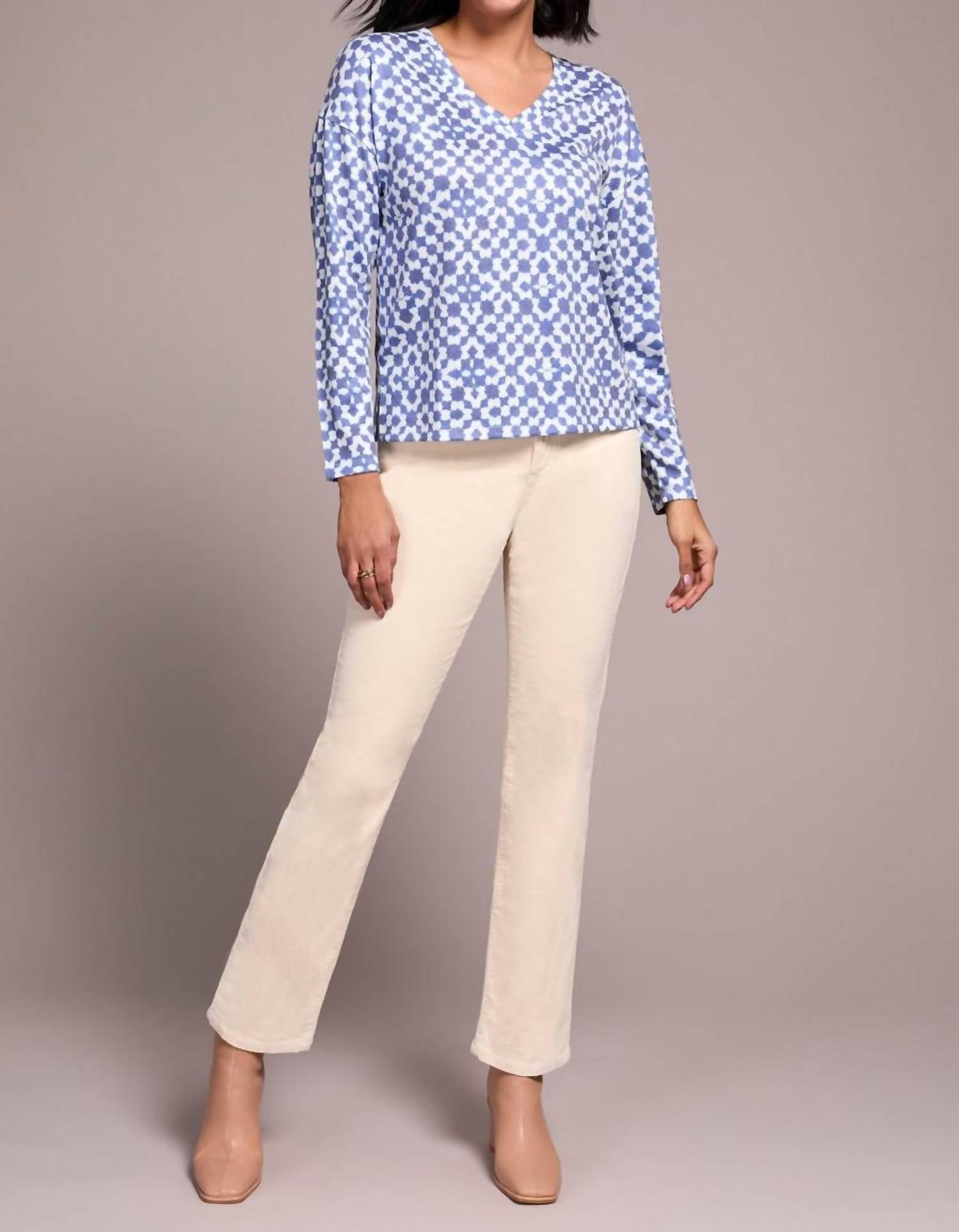 Tribal - Fuzzy Soft V-neck Combo Print Knit Top