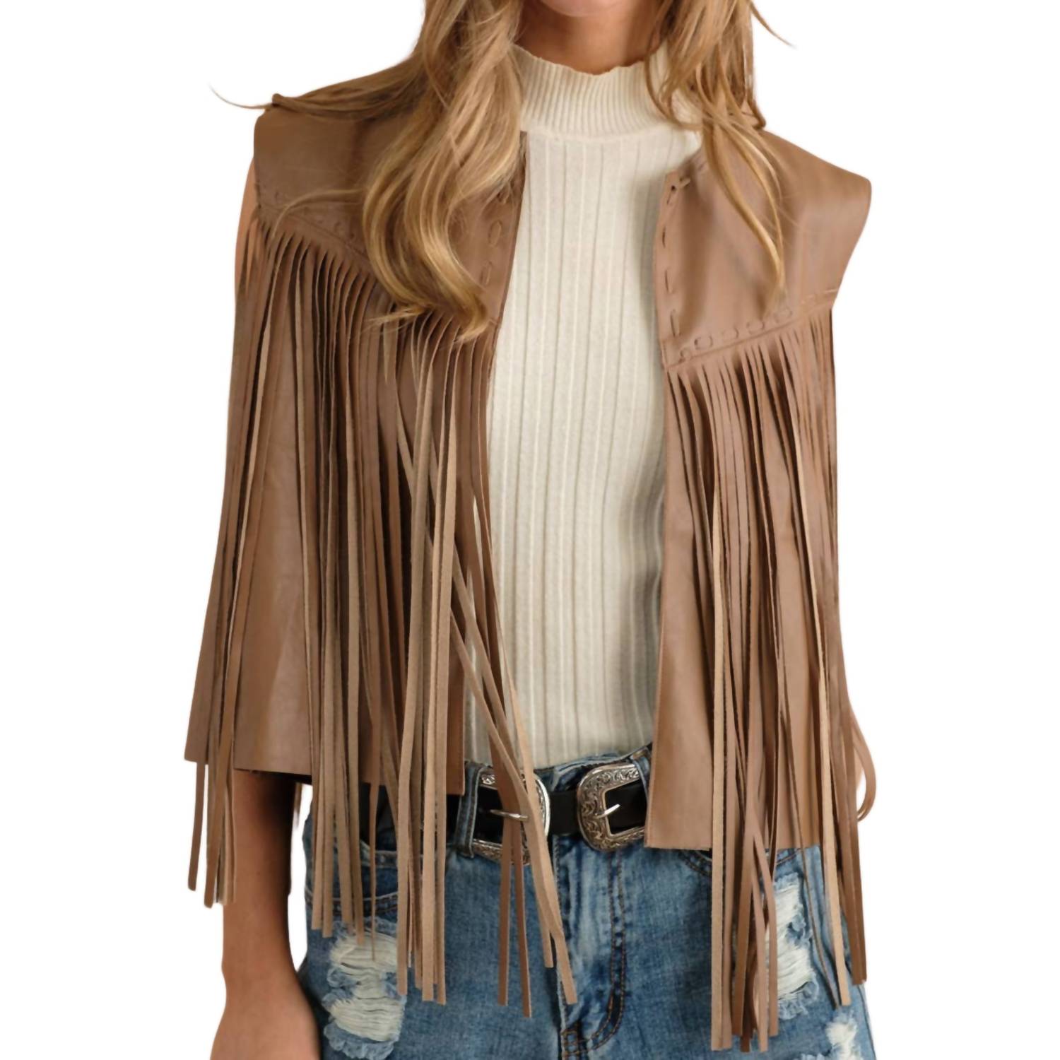 Blue B - Faux Leather Fringe Braided Yoke Crop Waist Vest