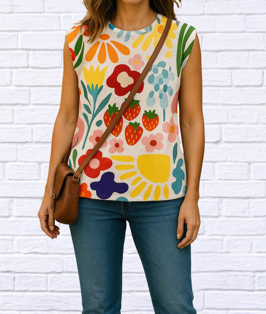 Trendsi - Jolene Printed Round Neck Cap Sleeve T-shirt