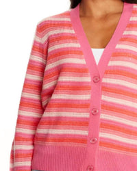 &Isla Posey Open Stitch Stripe V-cardigan in peony - women's cardigan - alternate view
