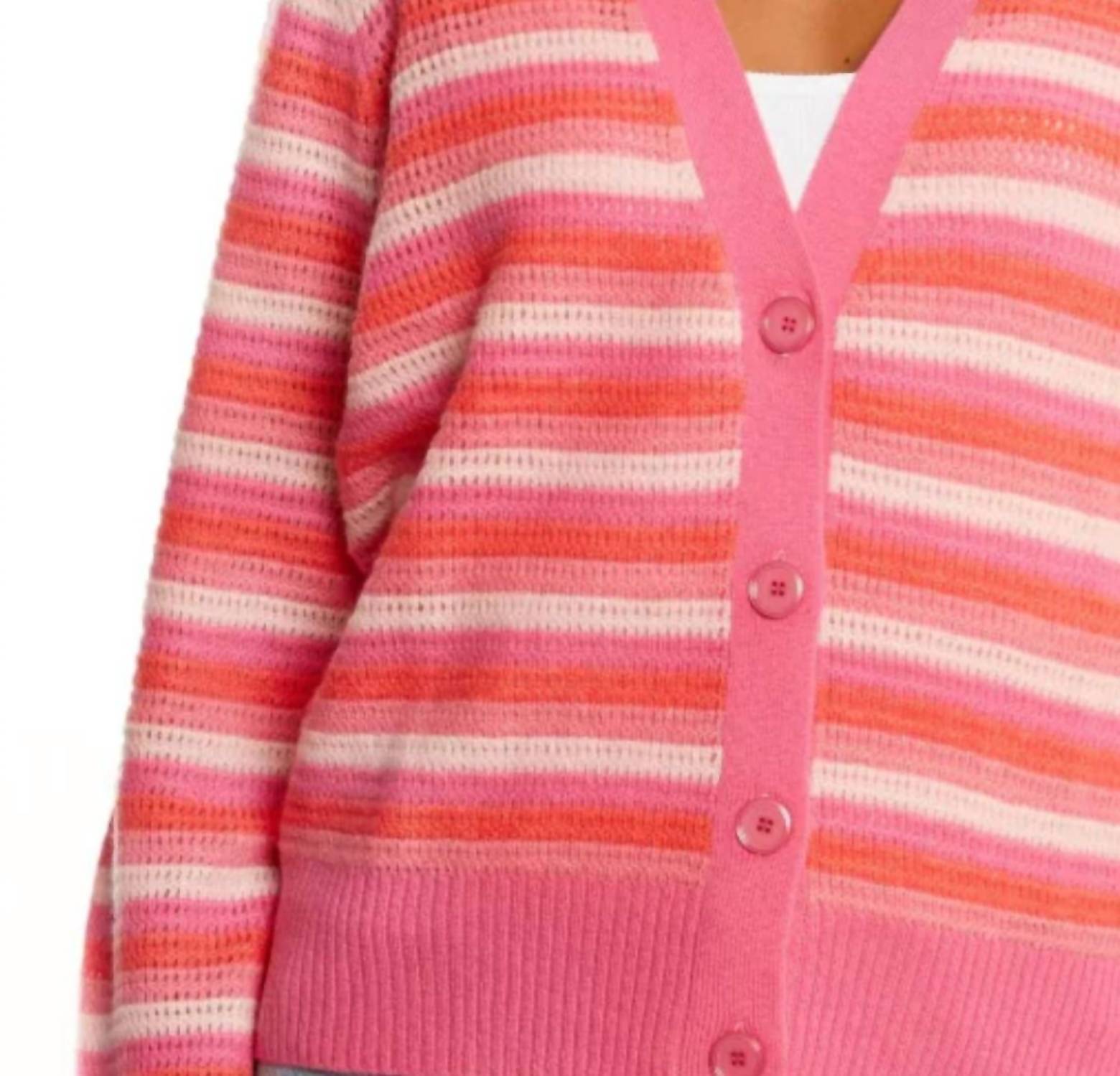 &Isla Posey Open Stitch Stripe V-cardigan in peony - women's cardigan - detail view
