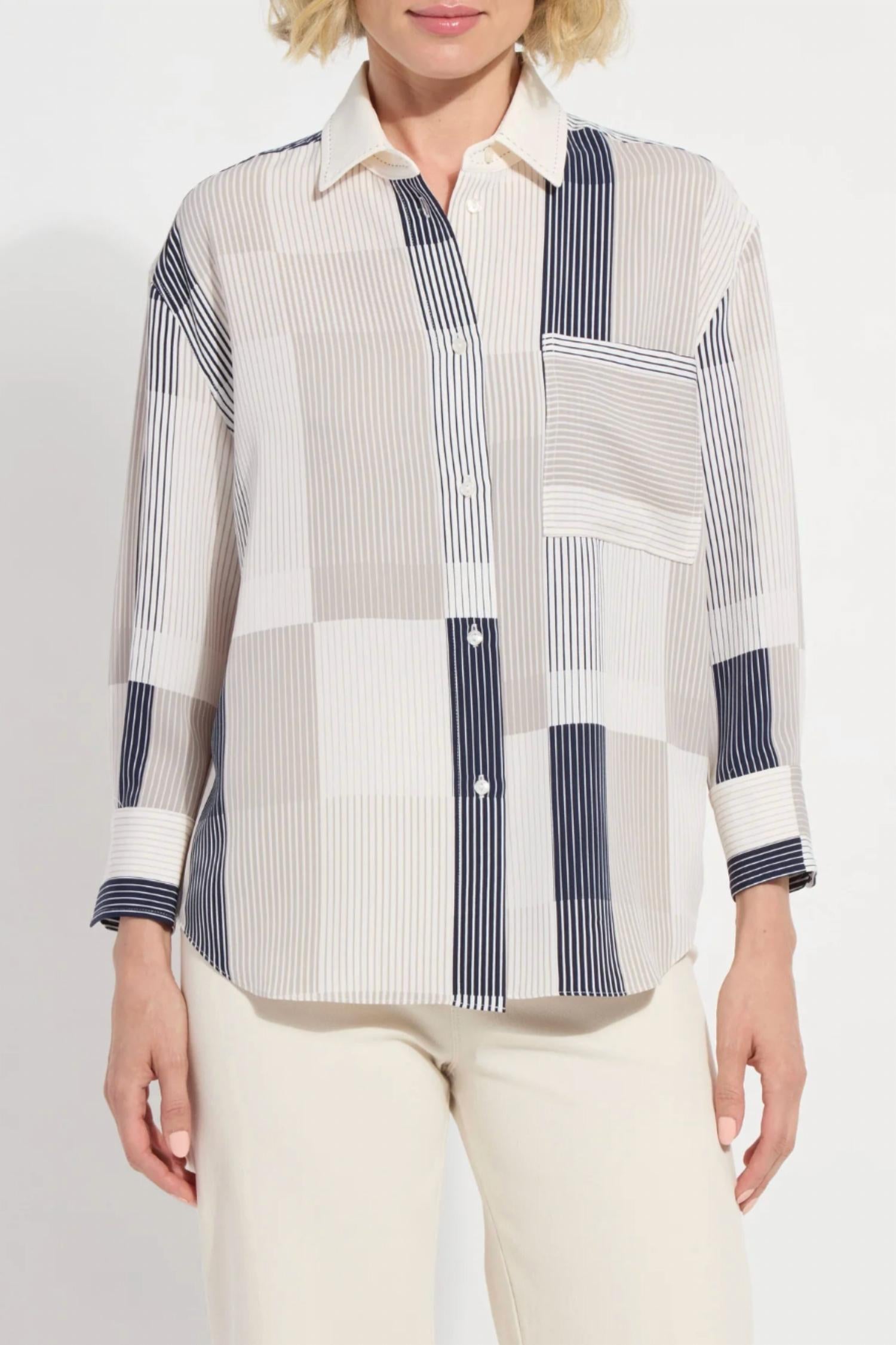 Lysse Jessica Stripe Button Up Shirt in beige - women's shirt