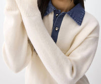 Urban Daizy Denim Polo Collar Sweater in ivory - women's top - alternate view