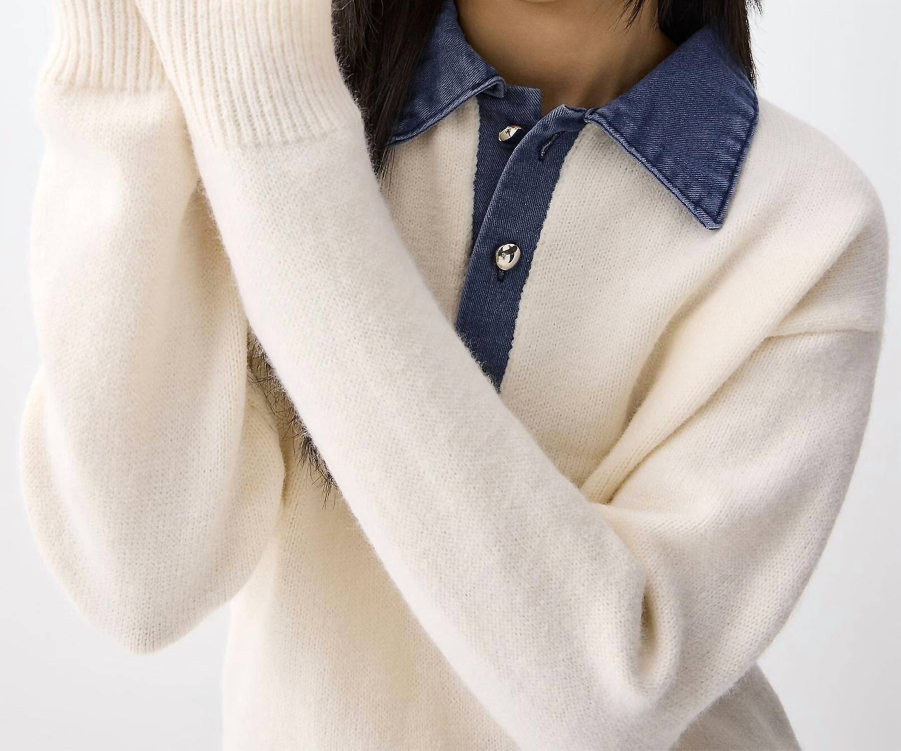Urban Daizy Denim Polo Collar Sweater in ivory - women's top - alternate view