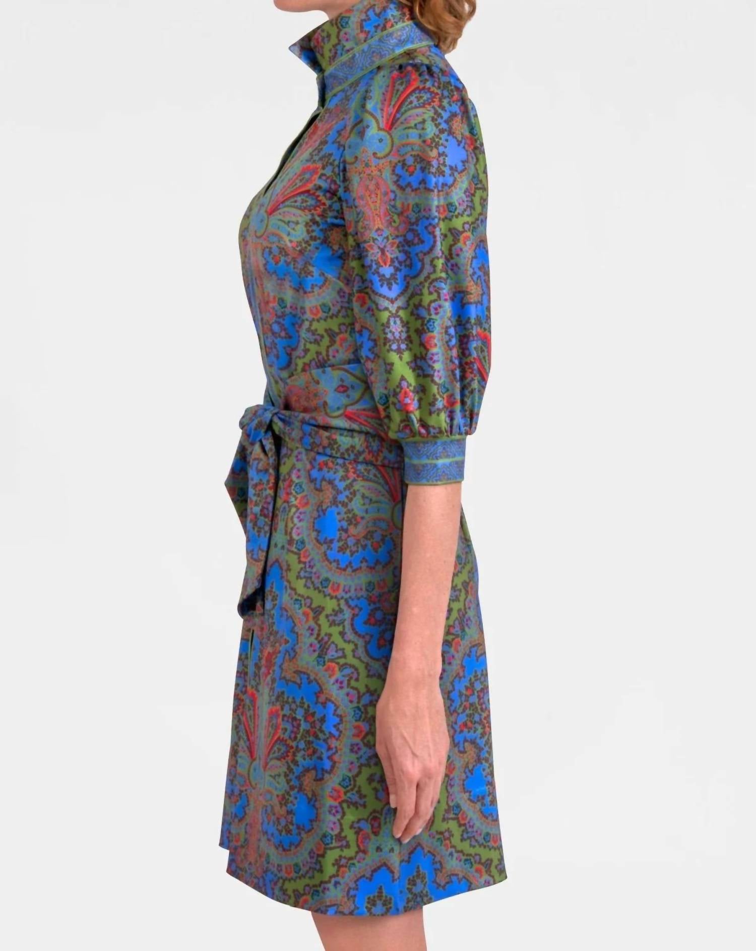 GRETCHEN SCOTT Swagger Dress in olive periwinkle orange paisley - women's dress - detail view
