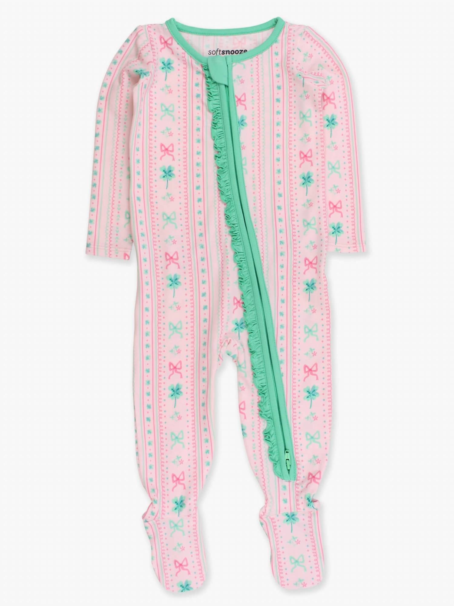 RuffleButts Baby Girl's Clover Bows & Wishes Footed Ruffle One-piece Pajama in pink - kids' item
