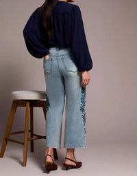 Tribal - Audrey Embroidered Wide Leg Mid Rise Jeans