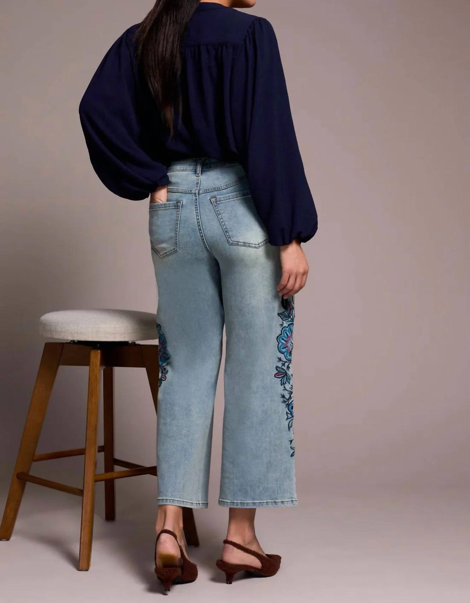Tribal - Audrey Embroidered Wide Leg Mid Rise Jeans