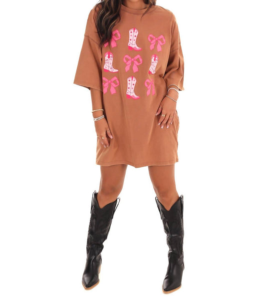 Peach Love - Washed Ribbon & Western Boots T-Shirt Dress