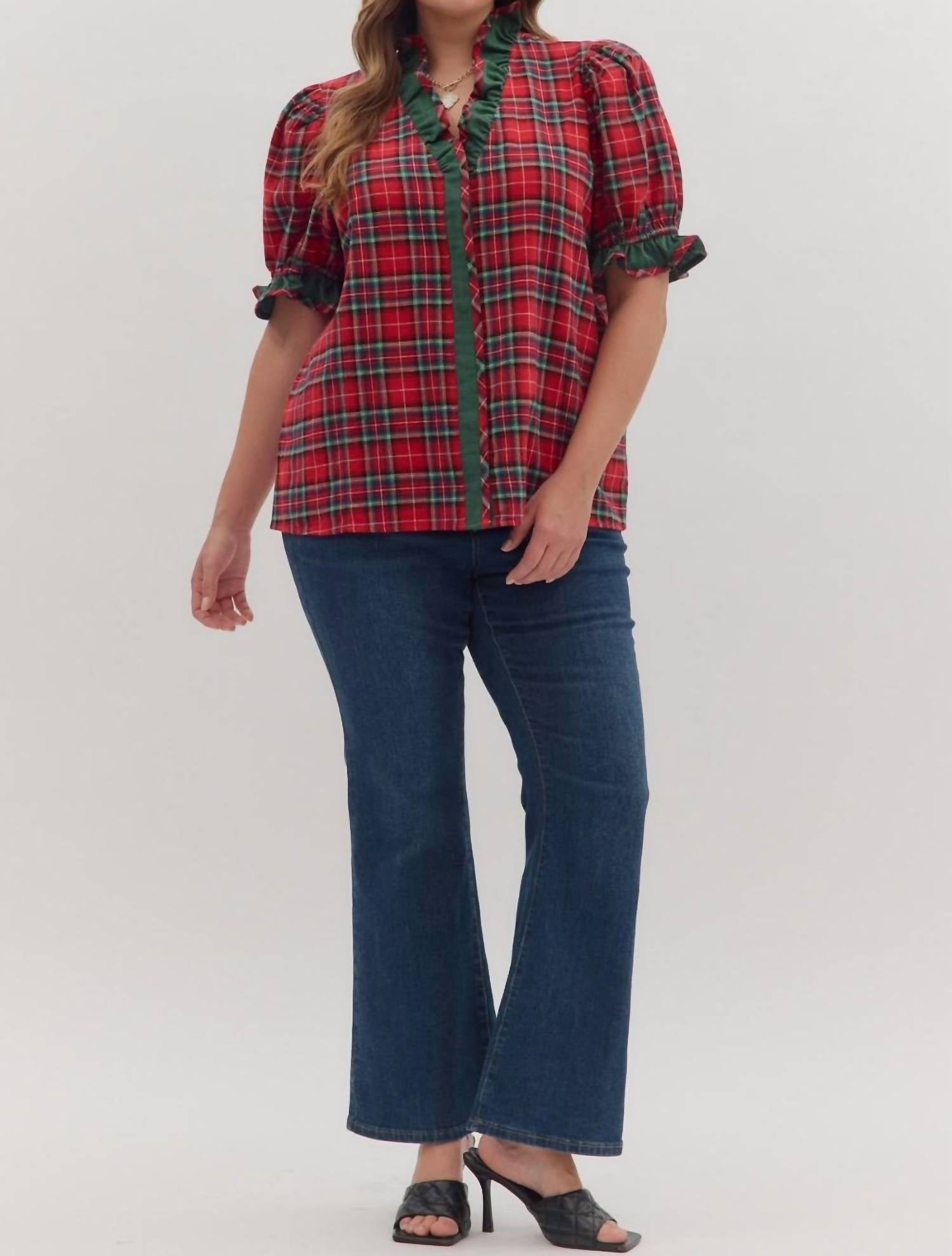 entro Plaid Puff Sleeve Top - Plus in red - women's blouse - view 5