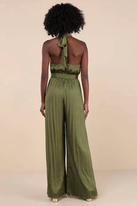 Lulus - Confident Impression Satin Pleated Halter Jumpsuit