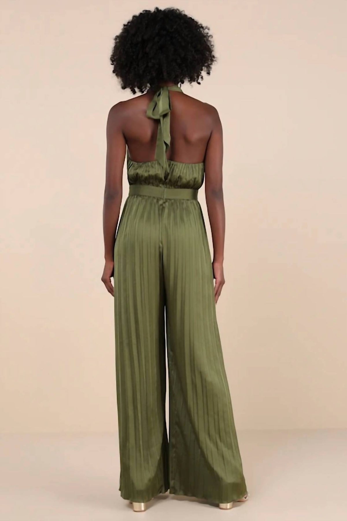 Lulus - Confident Impression Satin Pleated Halter Jumpsuit