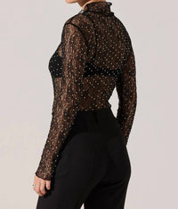 ASTR Kyra Lace Mock Neck Top in black - women's blouse - detail view