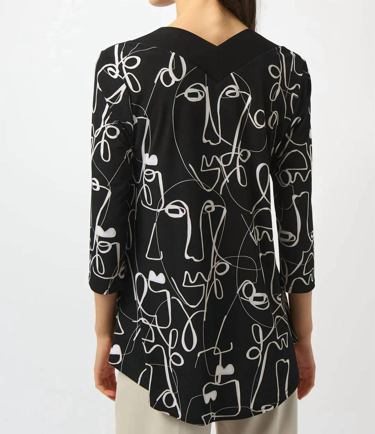 Joseph Ribkoff - Face Print V-neck 3/4 Sleeves Asymmetric Top
