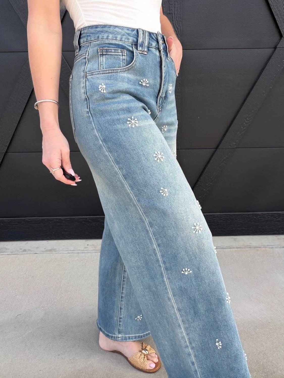 Miou Muse - Washed Denim Jeans With Bead Trim