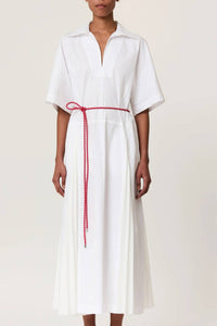 Plan C - Pleated Poplin Dress With Red Belt