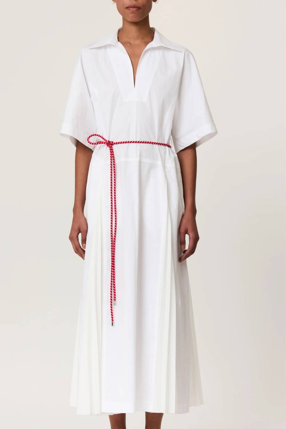 Plan C - Pleated Poplin Dress With Red Belt