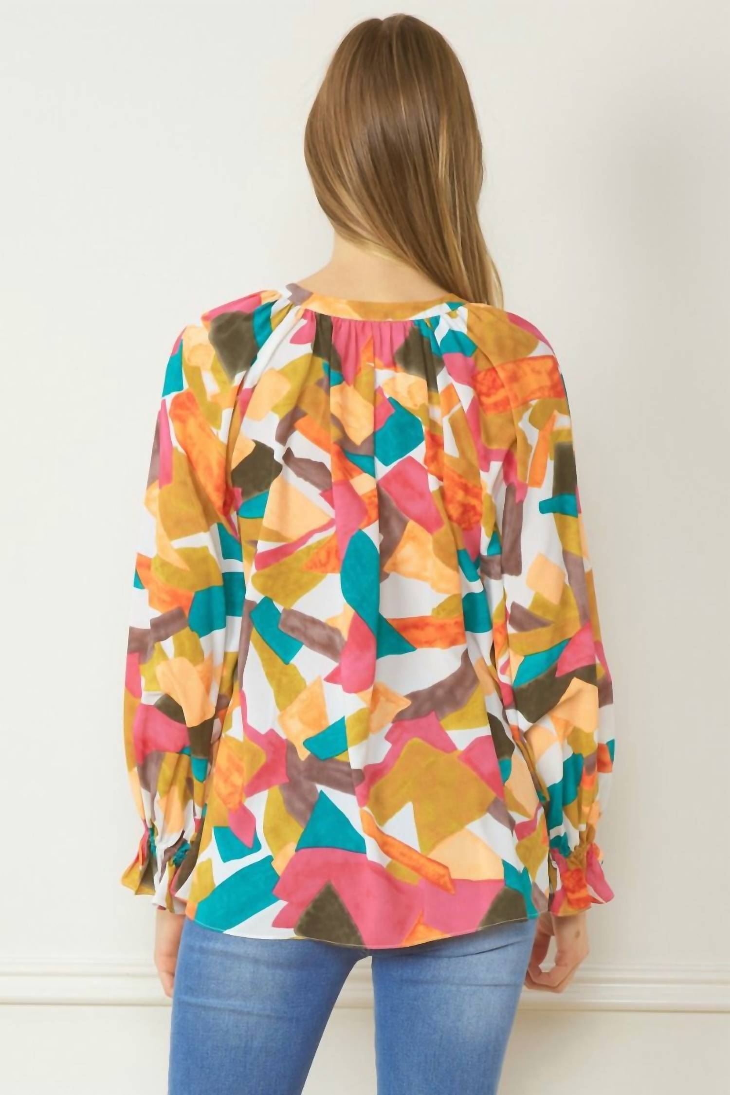 entro Abstract Button Down Blouse in fuchsia mix - women's blouse - detail view