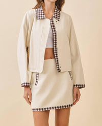 Tcec - Contrast Gingham Trim Collared Jacket And Skirt Set