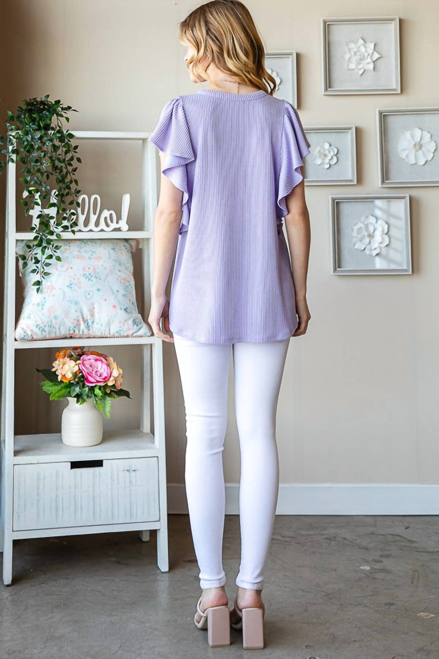 Heimish Usa - Ruffled Sleeve Solid Ribbed Top